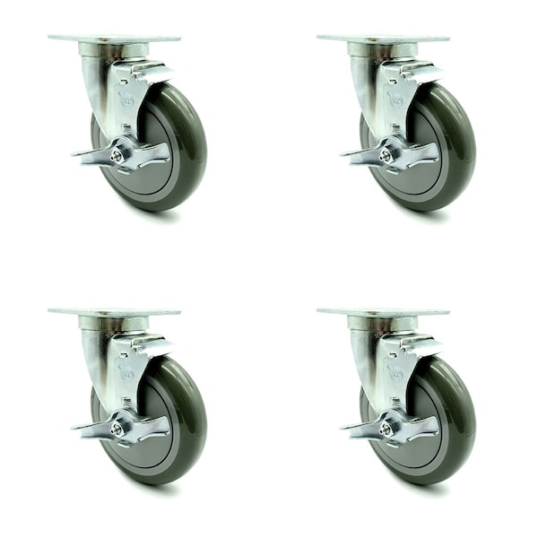 Service Caster SCC - 5" x 1.25" Gray Polyurethane Wheel Swivel Casters w/Brake, 4PK SCC-20S514-PPUB-TLB-TPU1-4 - main